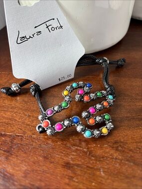 Laura Ford Cactus multicolor stones, adjustable knot black cord,trendy-Western